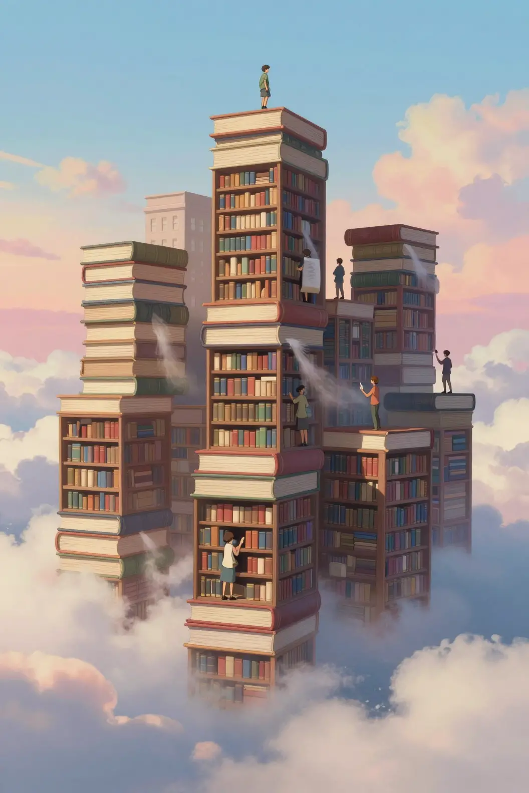 Ville flottante de livres au-dessus des nuages avec de minuscules bibliothécaires