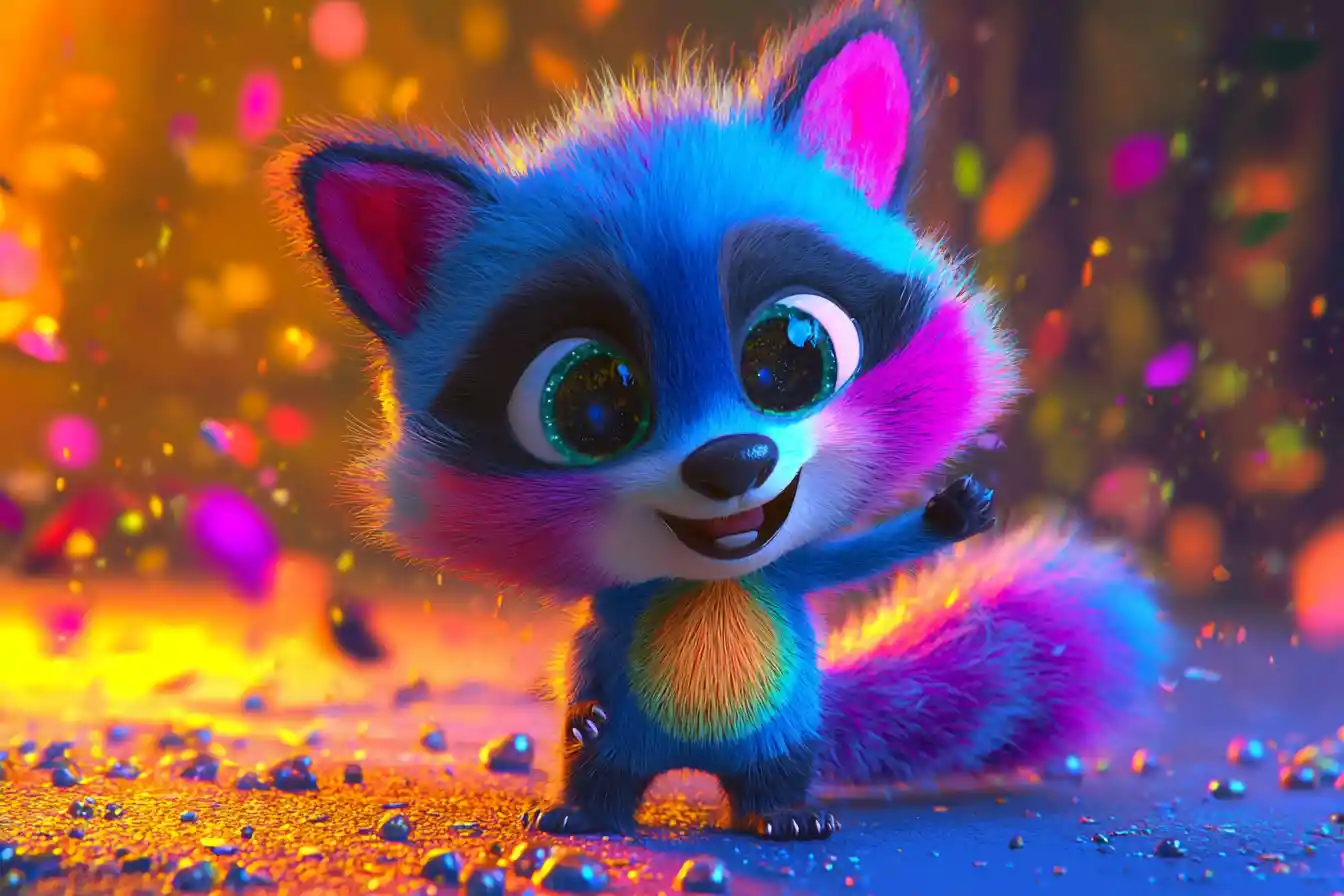 Tierna cría de mapache en ilustración 3D de fantasía colorida