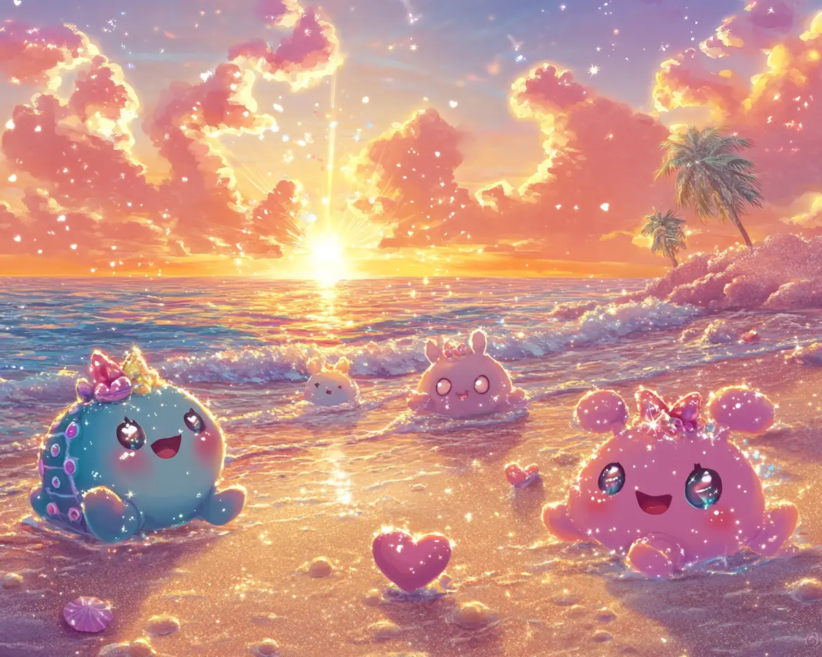 Tortues de mer joyeuses en style anime sur une plage étincelante au coucher du soleil