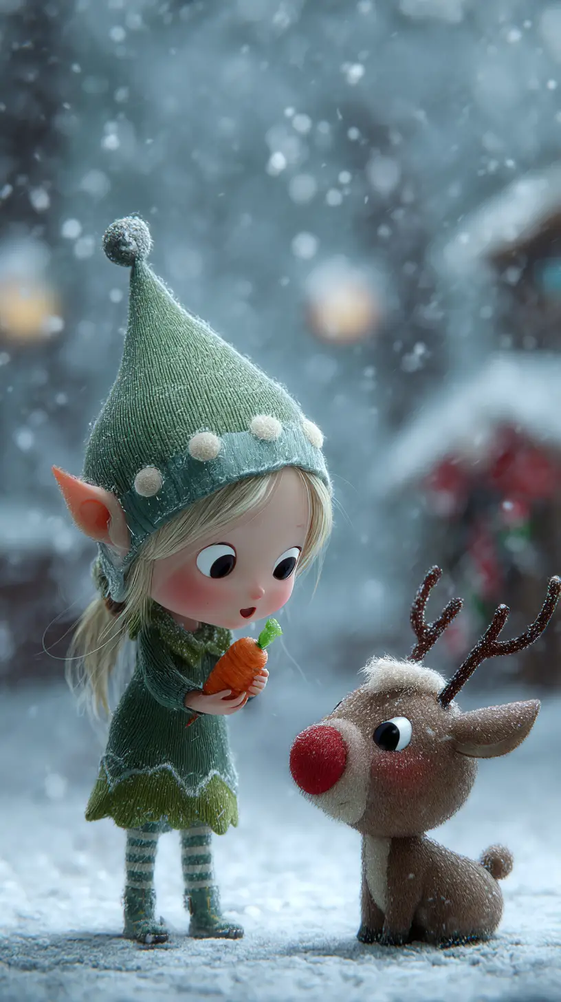Dolce elfa chibi che dà da mangiare a Rudolph in un laboratorio innevato