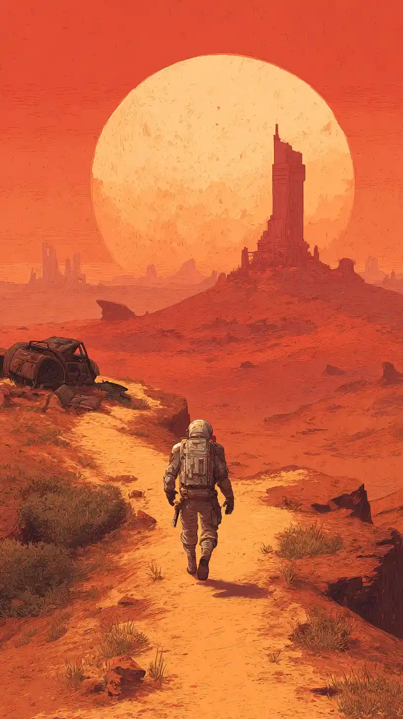 Astronauta solitario che cammina in un deserto in rovina