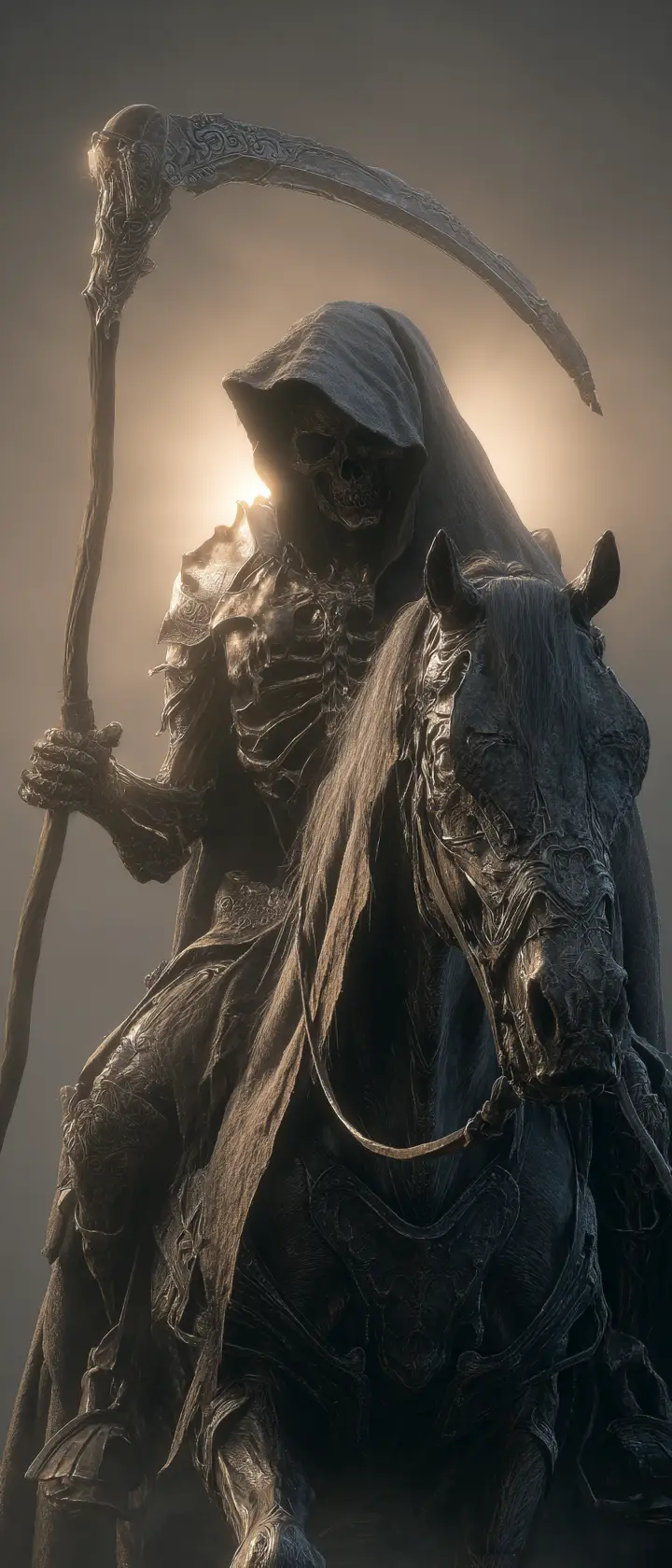 Cavaliere apocalittico della morte che cavalca tra la nebbia oscura