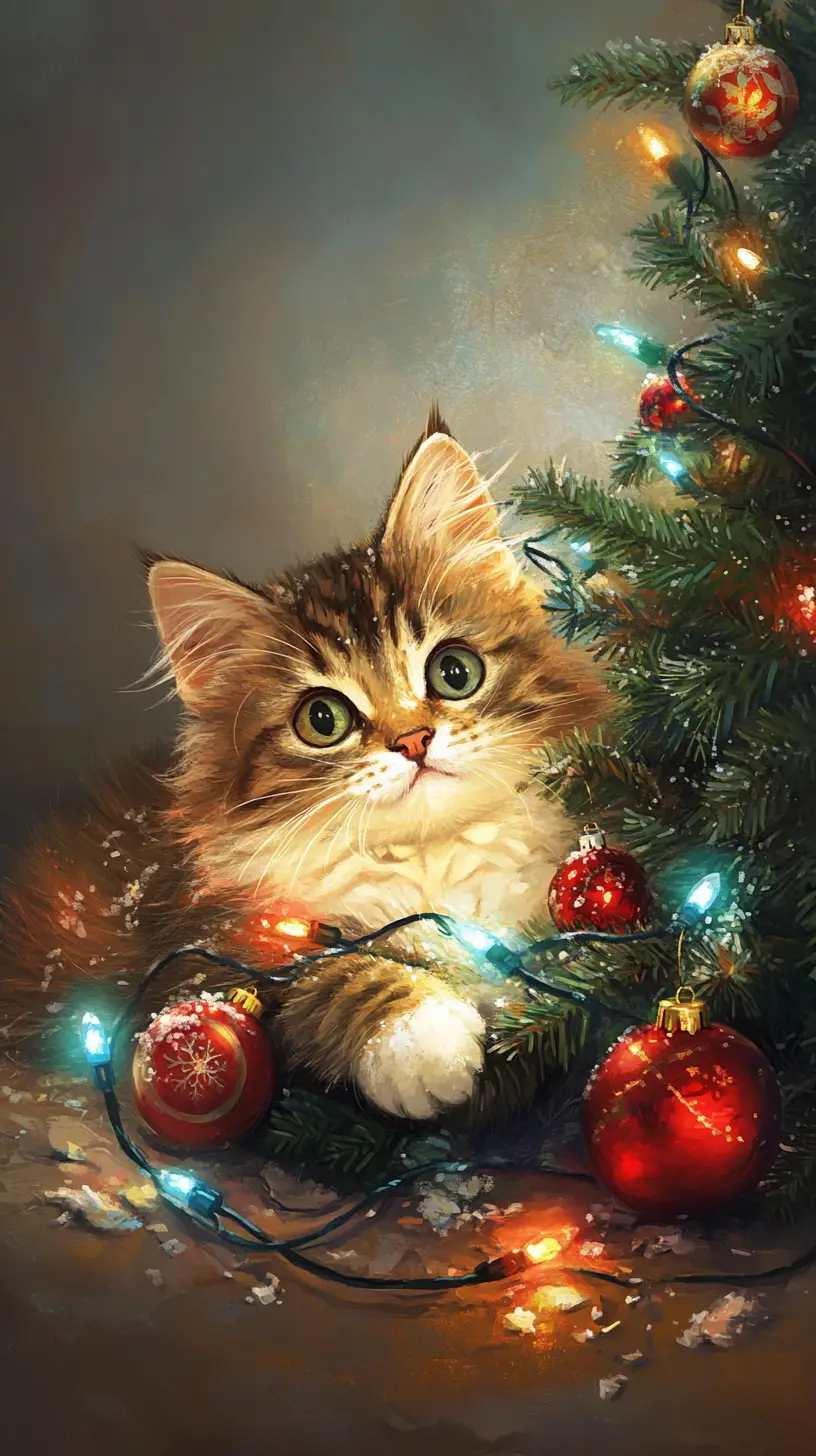Süße Katze, die sich in Weihnachtslichtern neben einem umgefallenen Baum verheddert hat