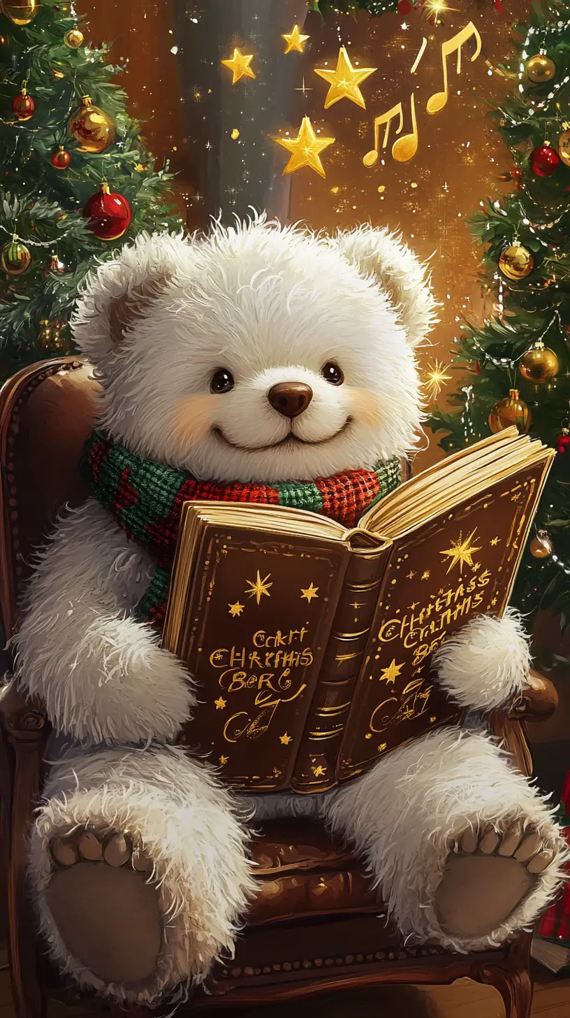 Oso de peluche leyendo libro de villancicos en sala de estar festiva
