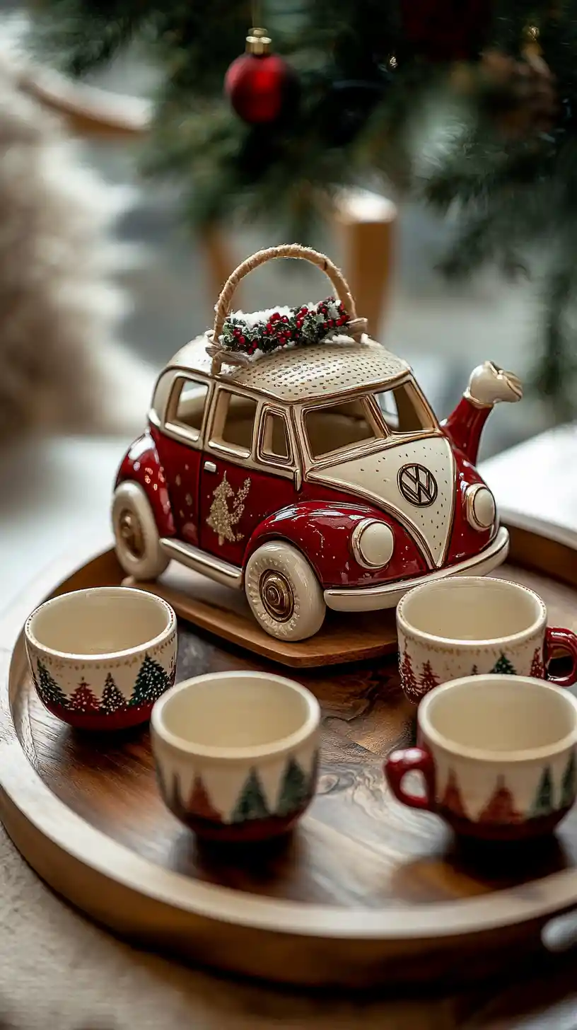 Ceramic Christmas car teapot with matching cups on tray
