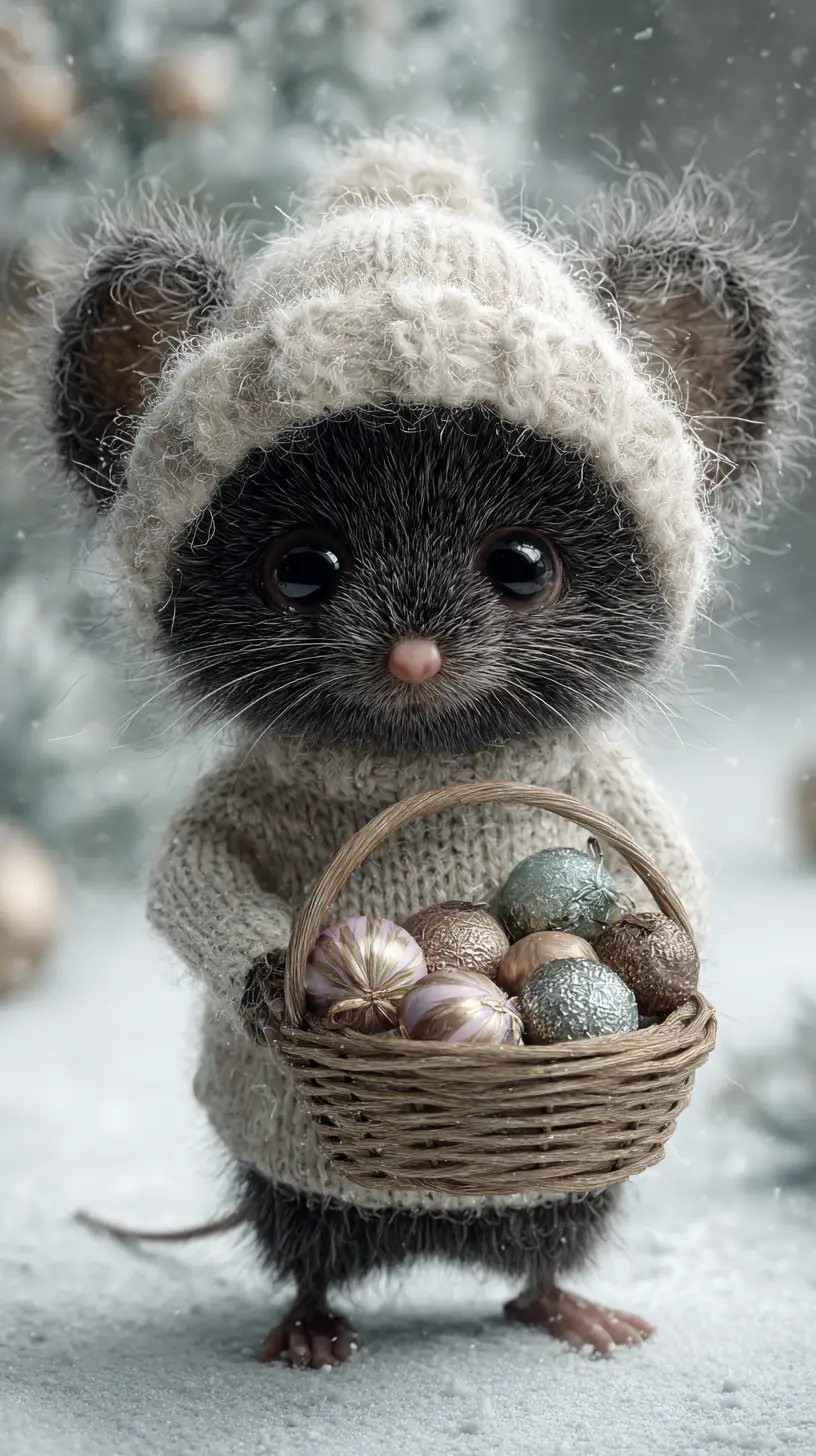 Niedliche anthropomorphe Maus mit Wintermütze und Korb