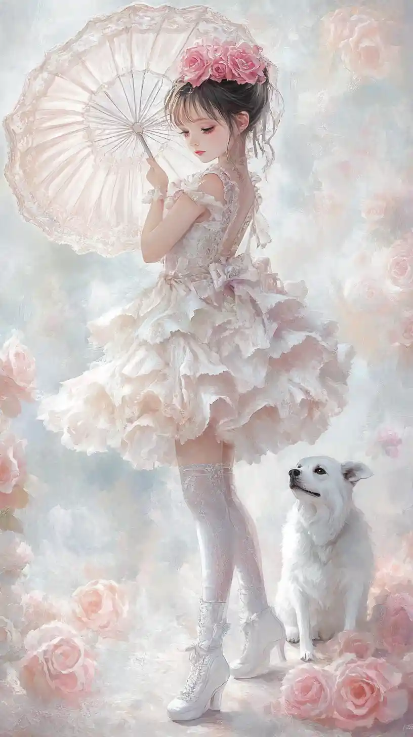 Giovane ragazza con parasole e cane tra rose pastello