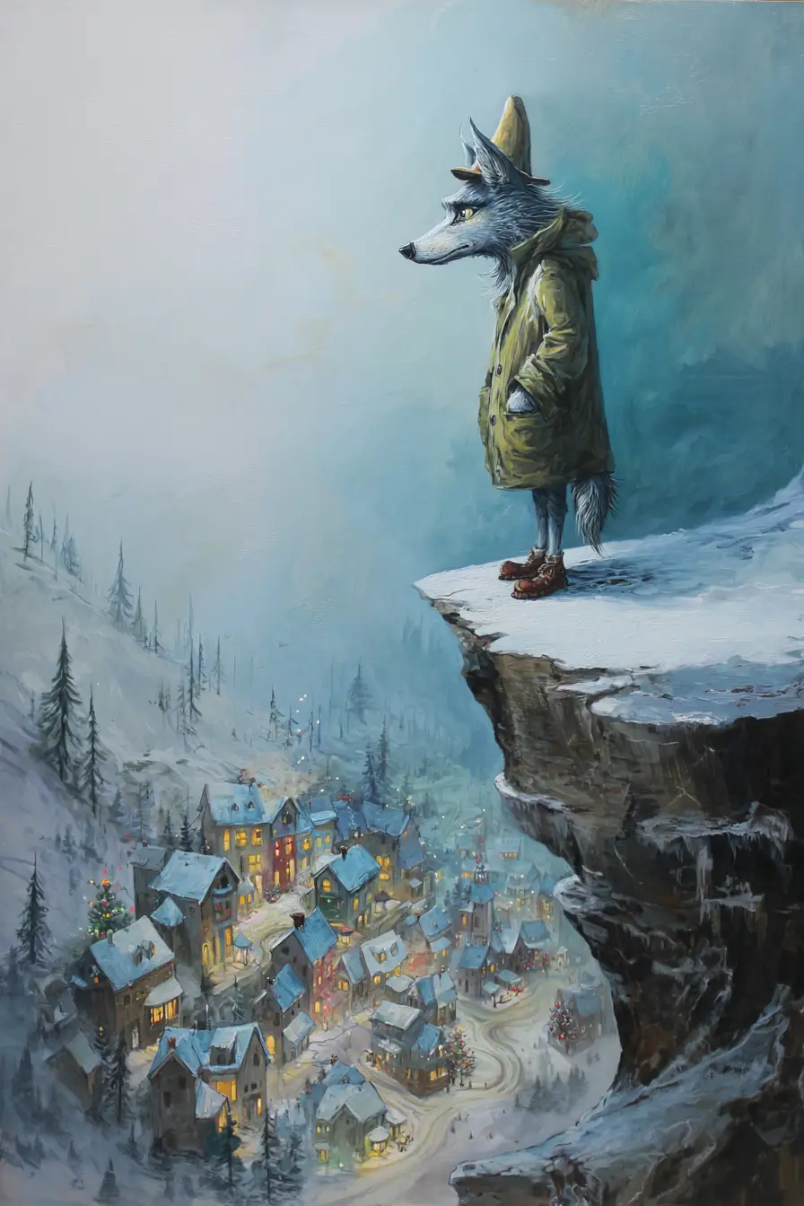Loup solitaire sur une falaise hivernale au‑dessus d’un village de Noël