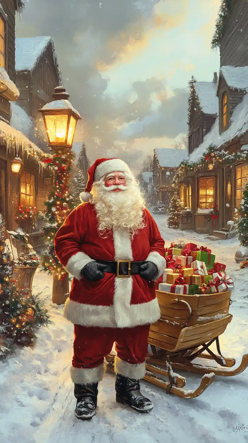 Santa Claus With Gifts In A Snowy Winter Village