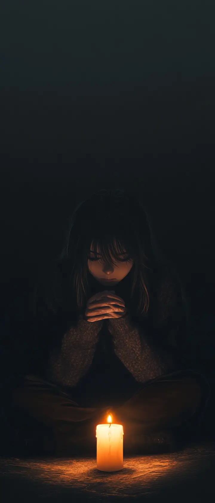 Fille d'anime assise près d'une bougie dans le noir