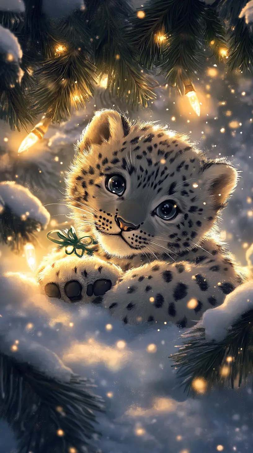 Adorable bébé léopard des neiges style anime jouant sous le sapin de Noël