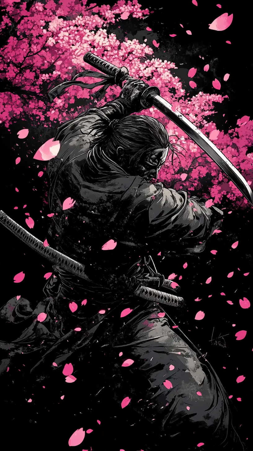 Guerrier samouraï aveugle en mouvement sous des fleurs de cerisier tombantes