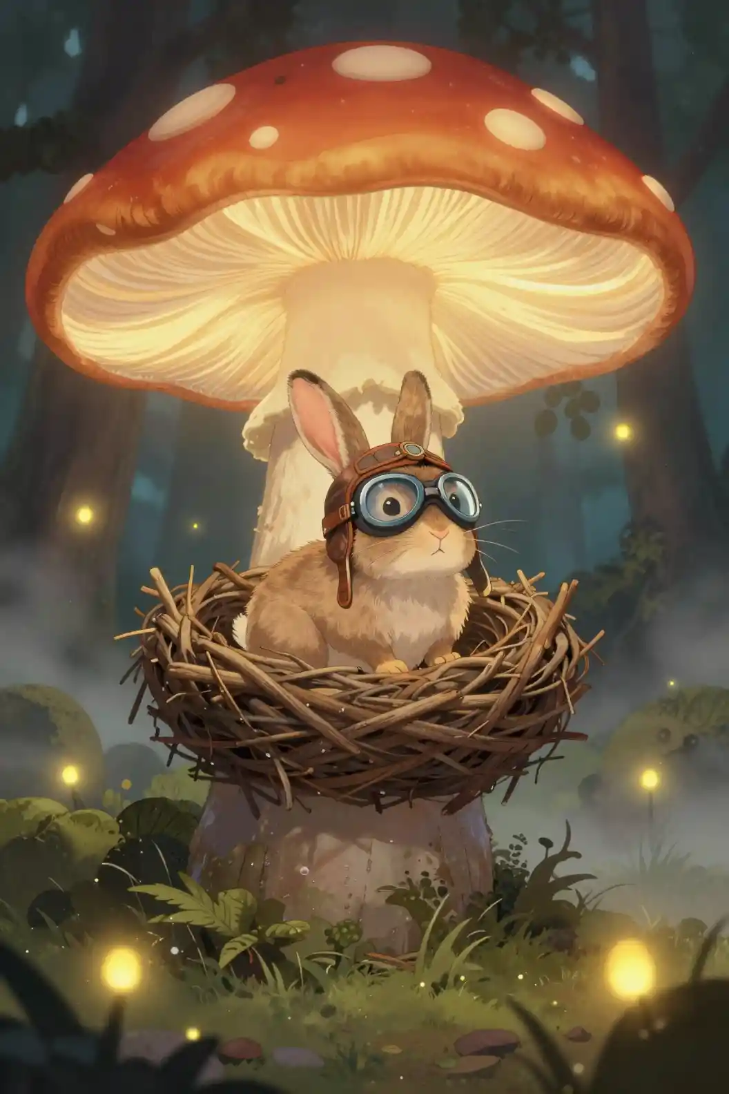 Conejo curioso en un nido de bosque de hongos brillantes