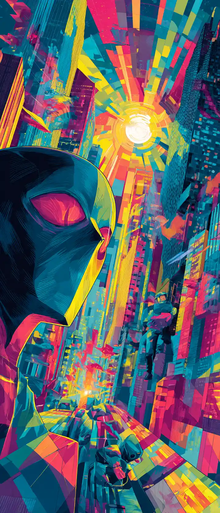 Portrait stylisé d’un duo dans un paysage urbain futuriste