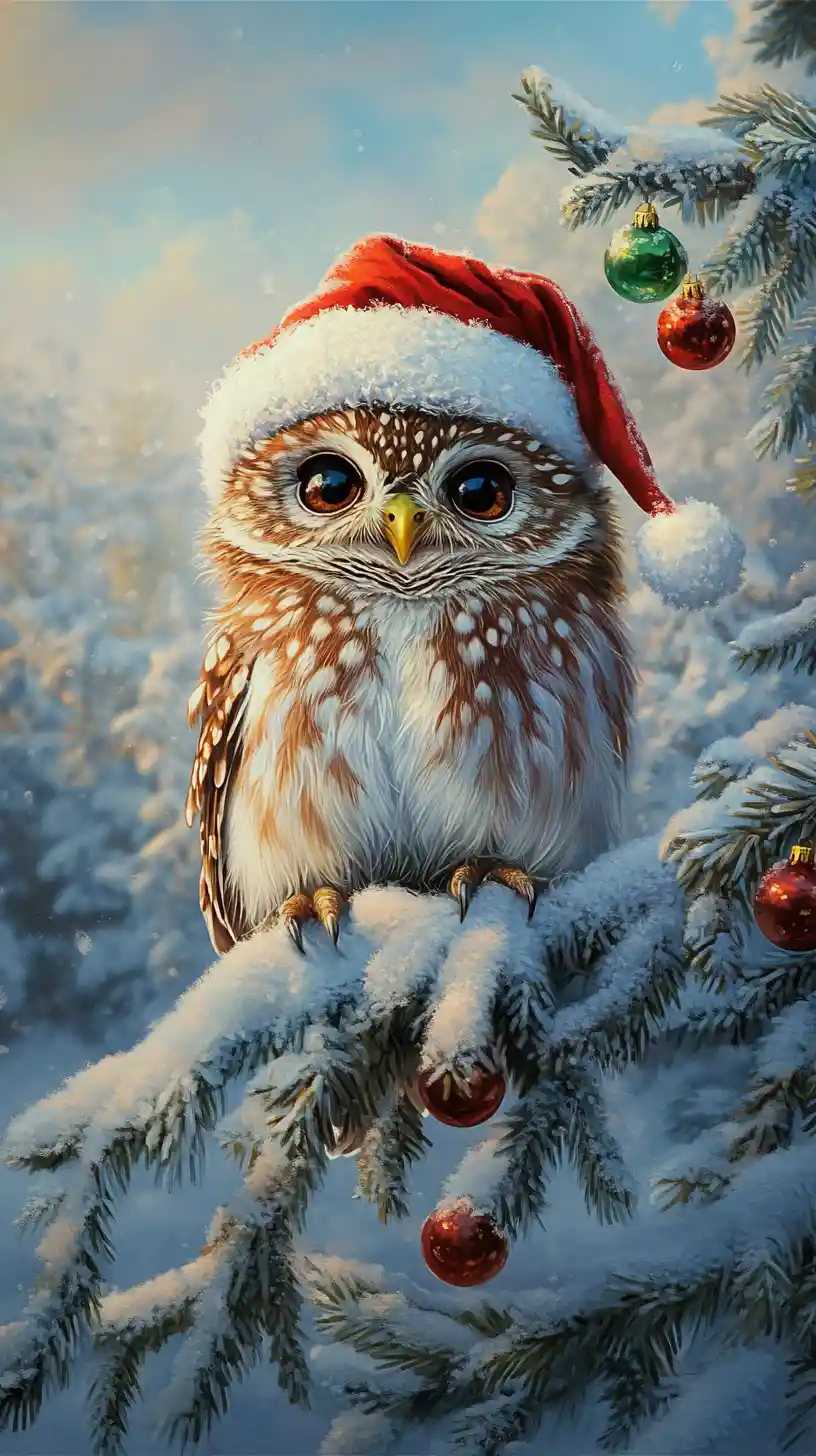 Süße Eule mit Neujahrshut neben verschneitem Weihnachtsbaum