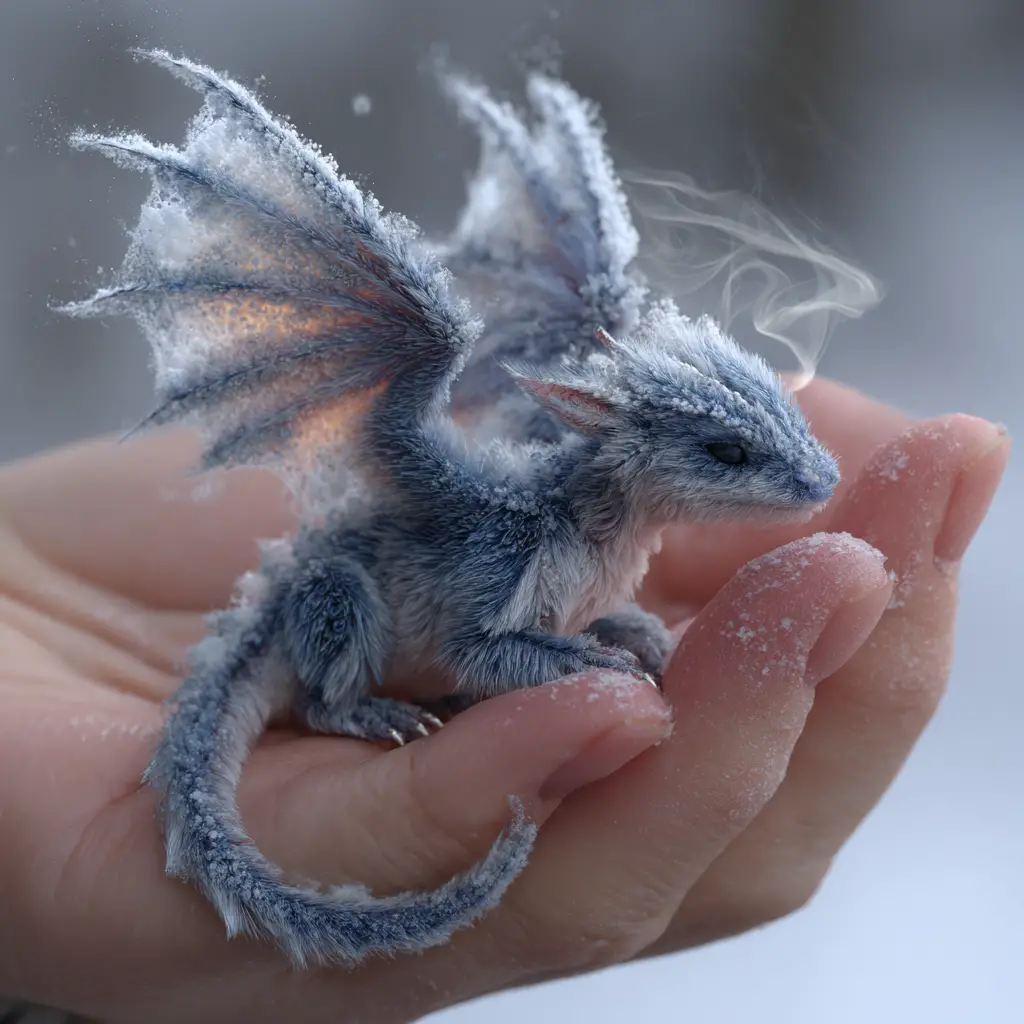 Winziger flauschiger Winterdrache, der in einer Menschenhand ruht