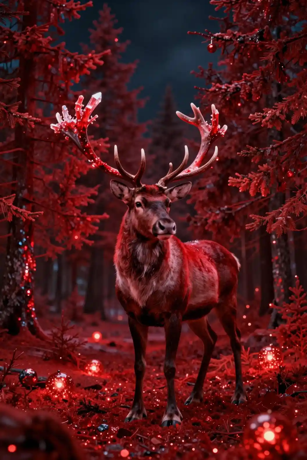 Cervo Incantato nella Foresta Rossa con Corna di Cristallo Luminose