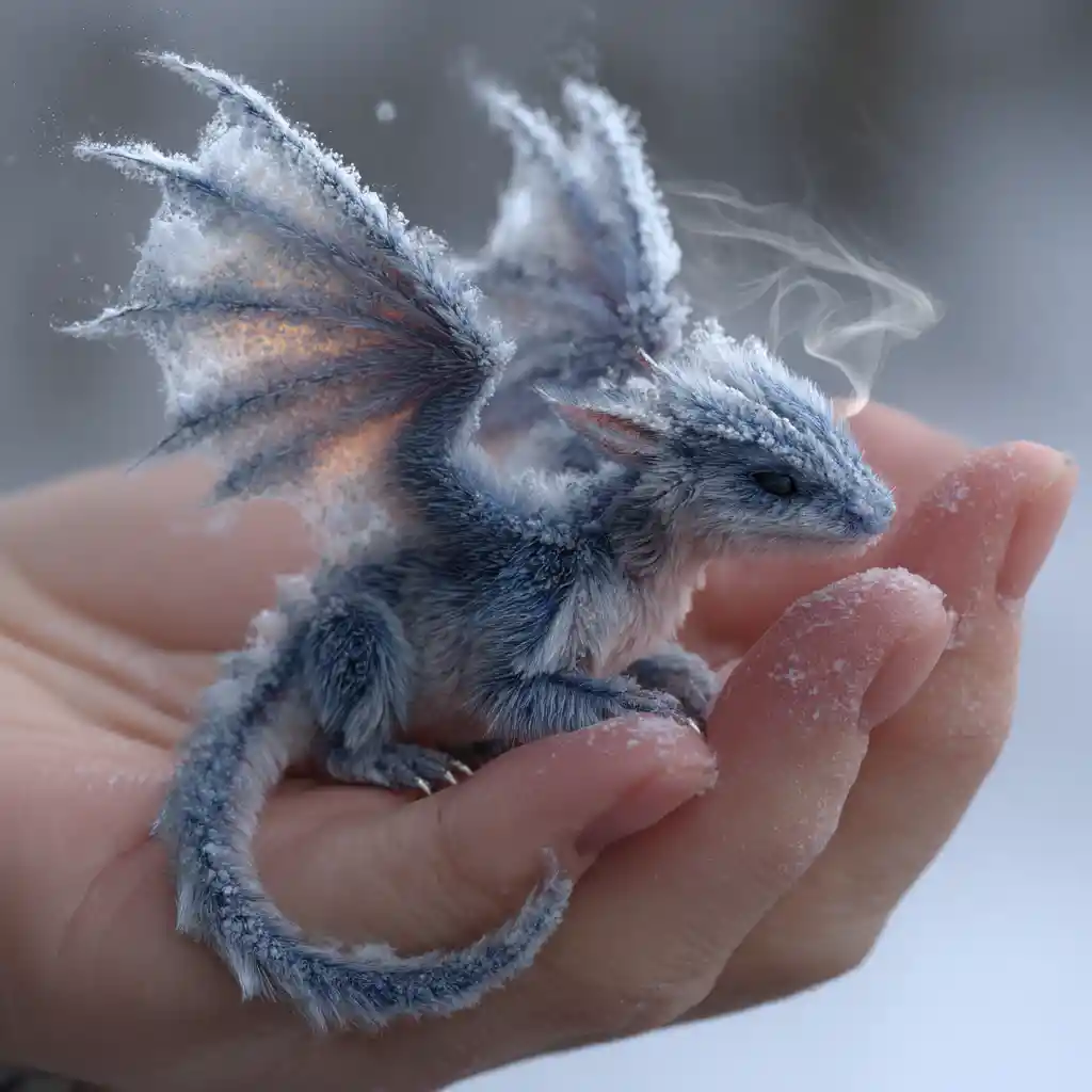 Winziger flauschiger Winterdrache, der in einer Menschenhand ruht