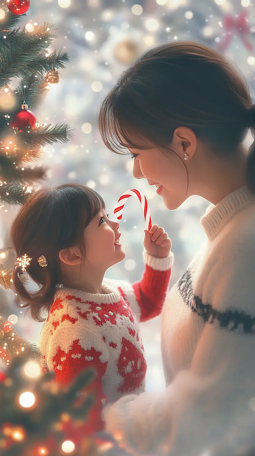 Anime-Mutter und Tochter an einem leuchtenden Weihnachtsbaum