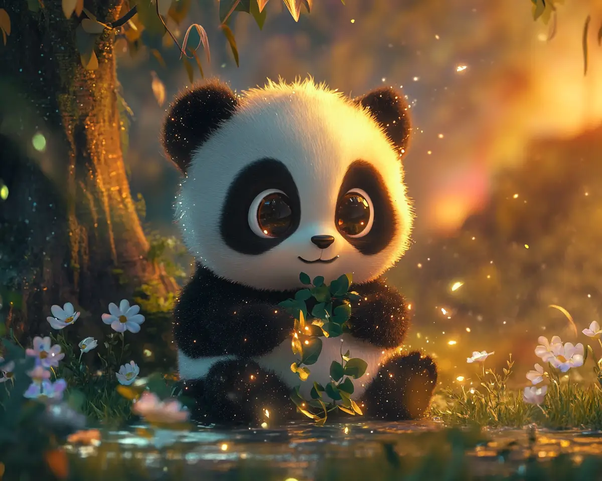 魔法の森のかわいい3Dちび赤ちゃんパンダ
