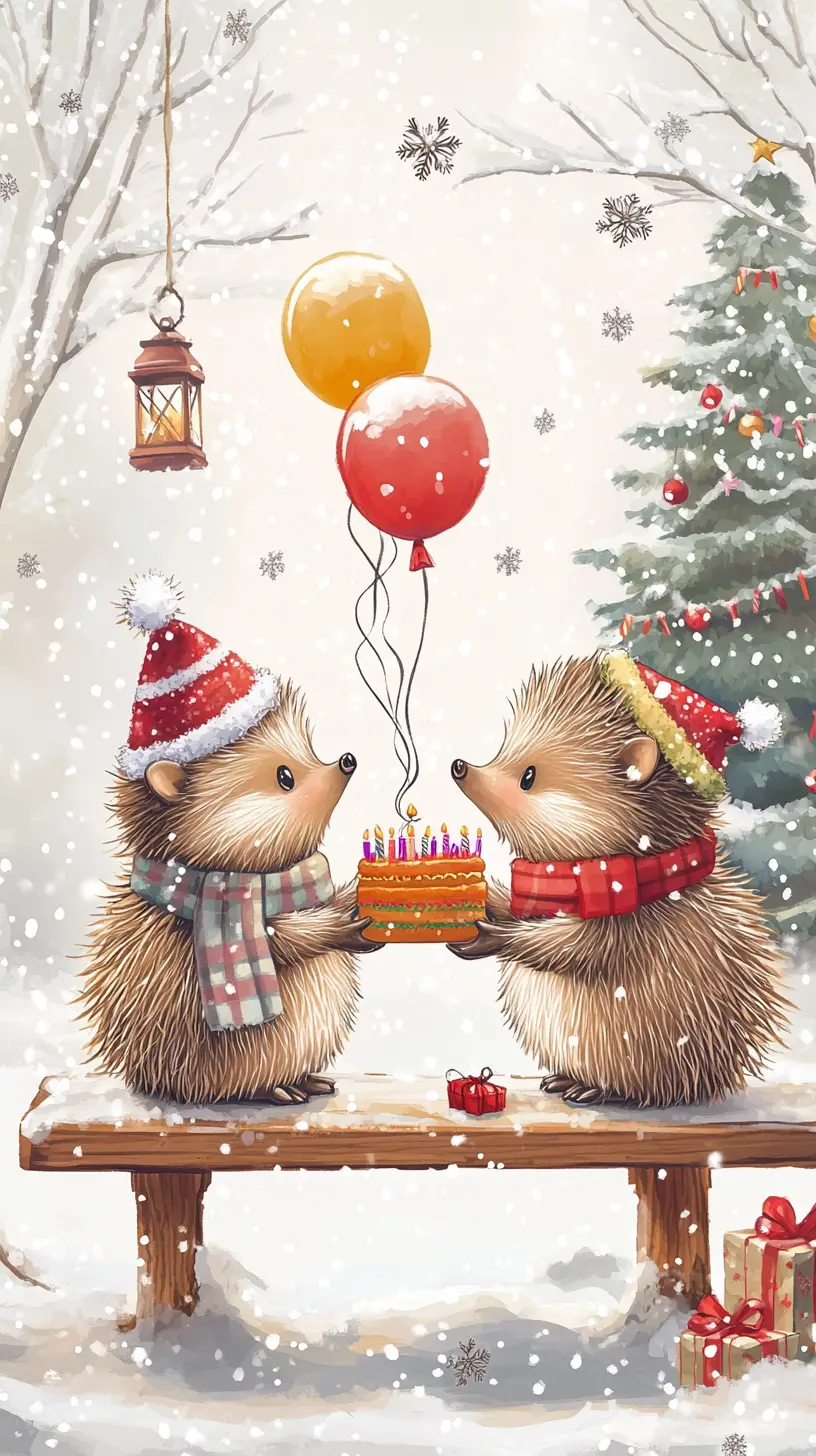 Cute cartoon hedgehogs exchanging gifts on snowy bench