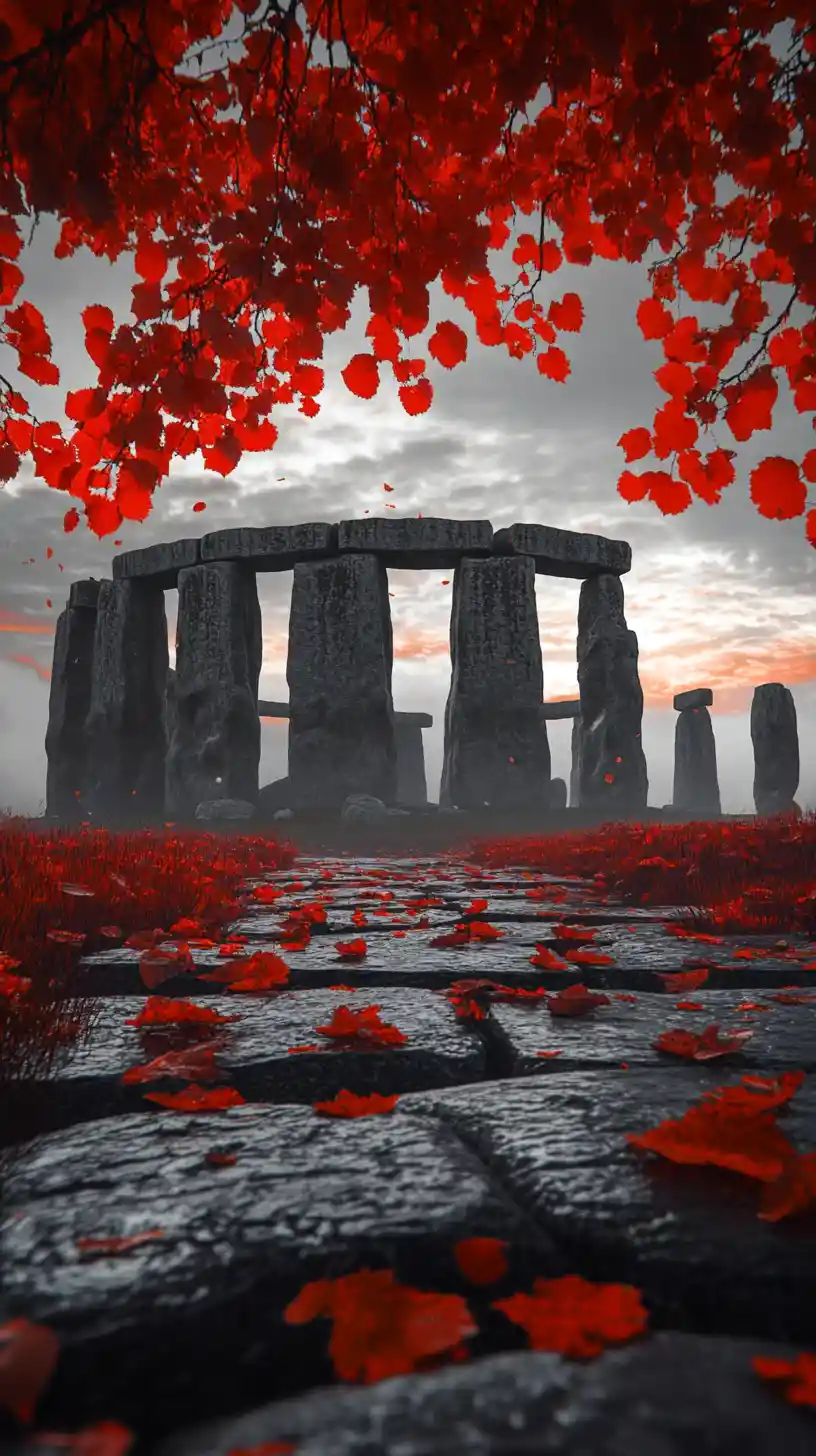 Surreale Stonehenge-Landschaft bei Sonnenaufgang im herbstlichen Nebel