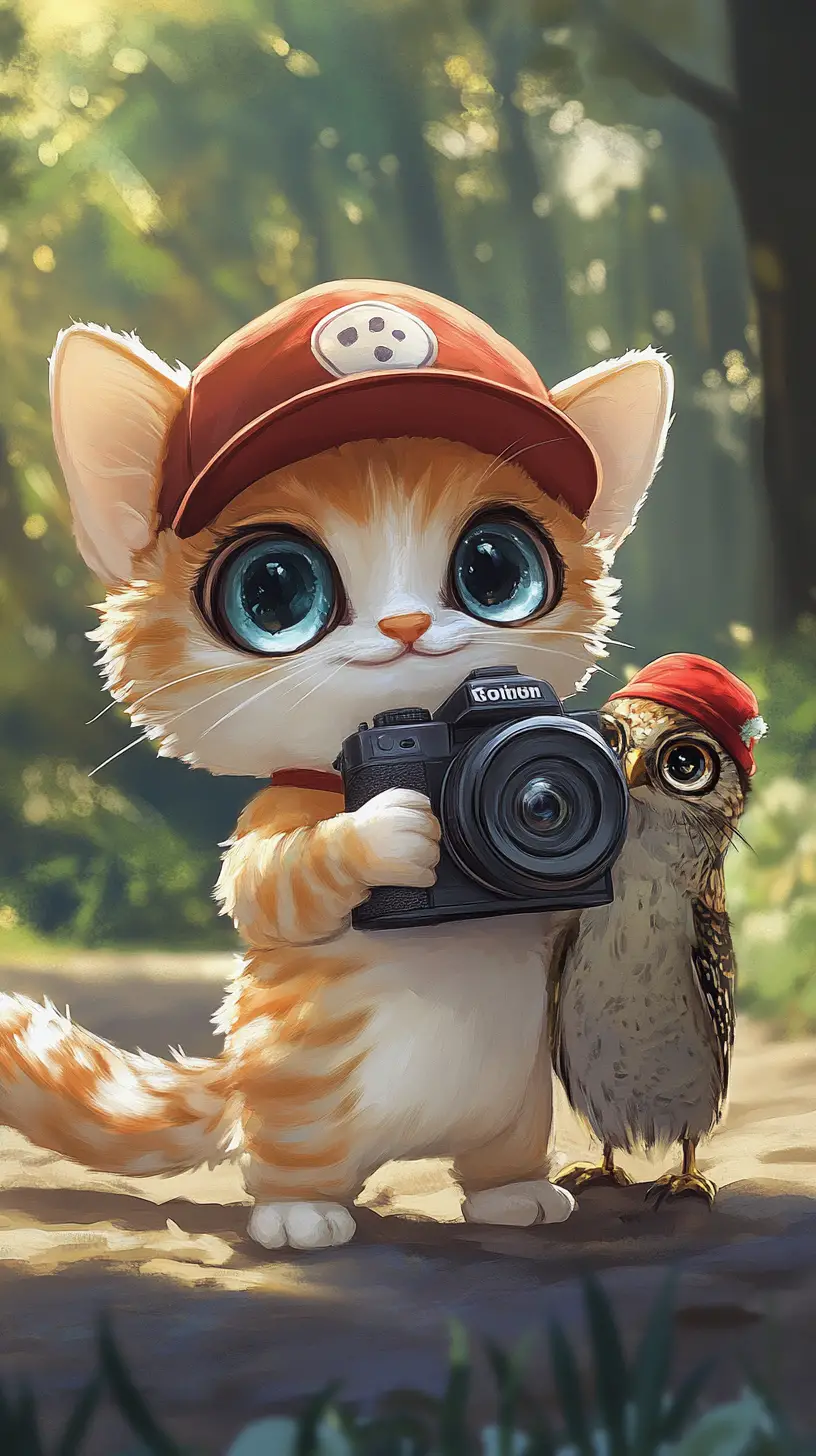 Simpatico gatto fotografo in stile cartoon con curiosa civetta compagna