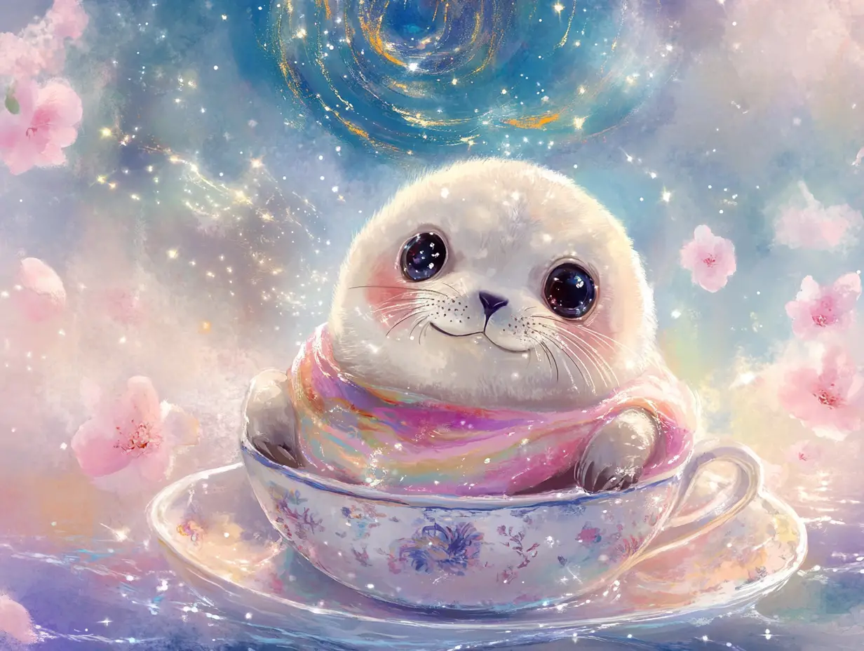 Baby seal in teacup with pastel scarf and blossoms