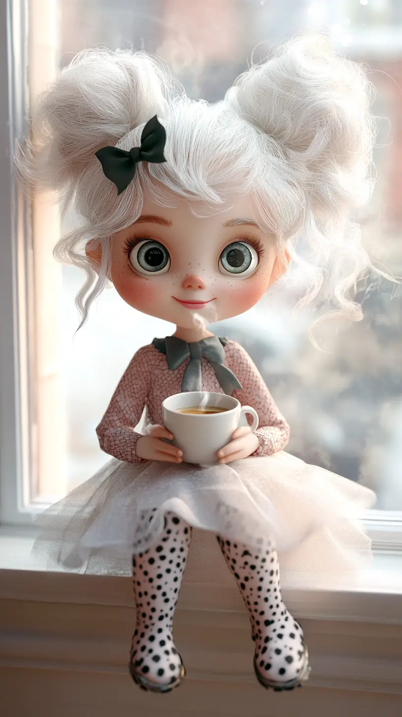 Cute 3d girl with coffee on a bright windowsill