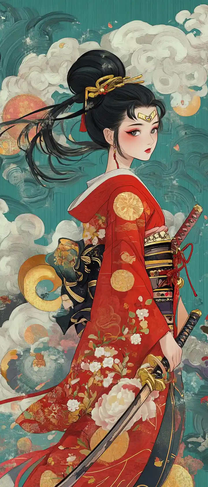 Samurai inspired magical girl in red kimono illustration