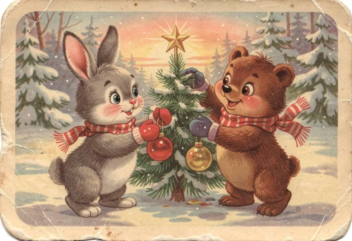 Dolci animali che decorano un albero di Natale – cartolina vintage