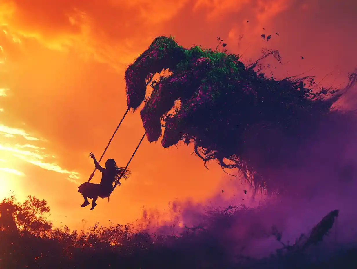Teenage girl on swing beneath giant hand at dusk