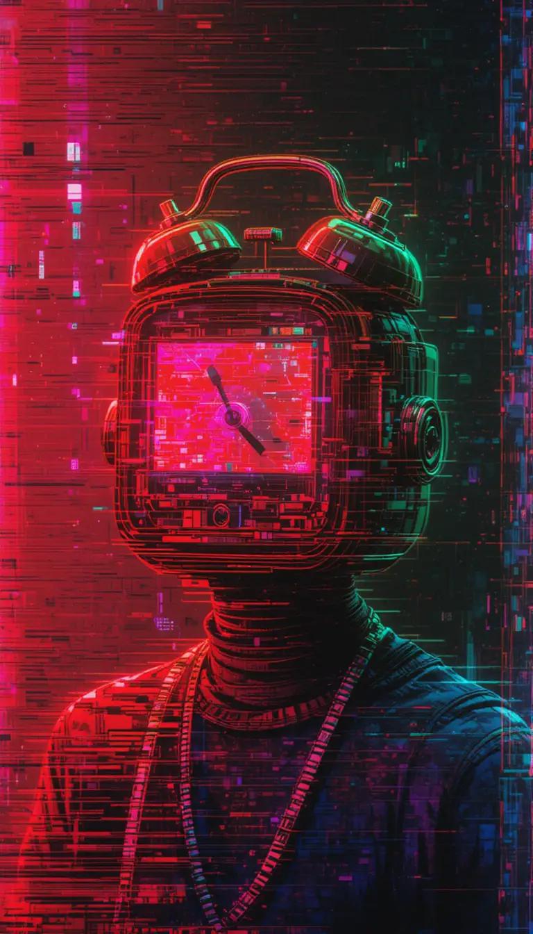Glitch-Weckerfigur in neonfarbener Databent-Verzerrung