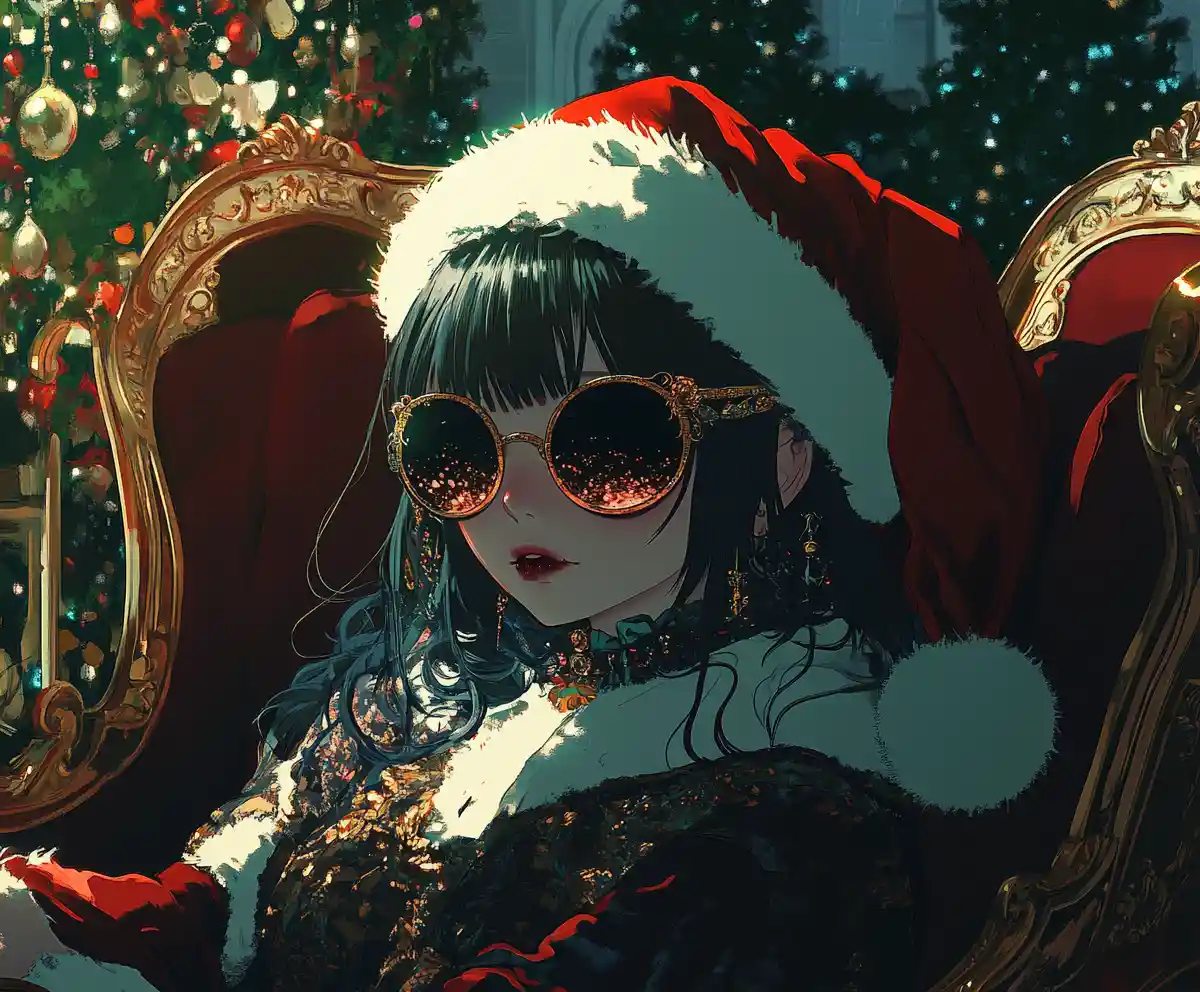 Ragazza goth in stile anime versione Babbo Natale seduta su una slitta decorata