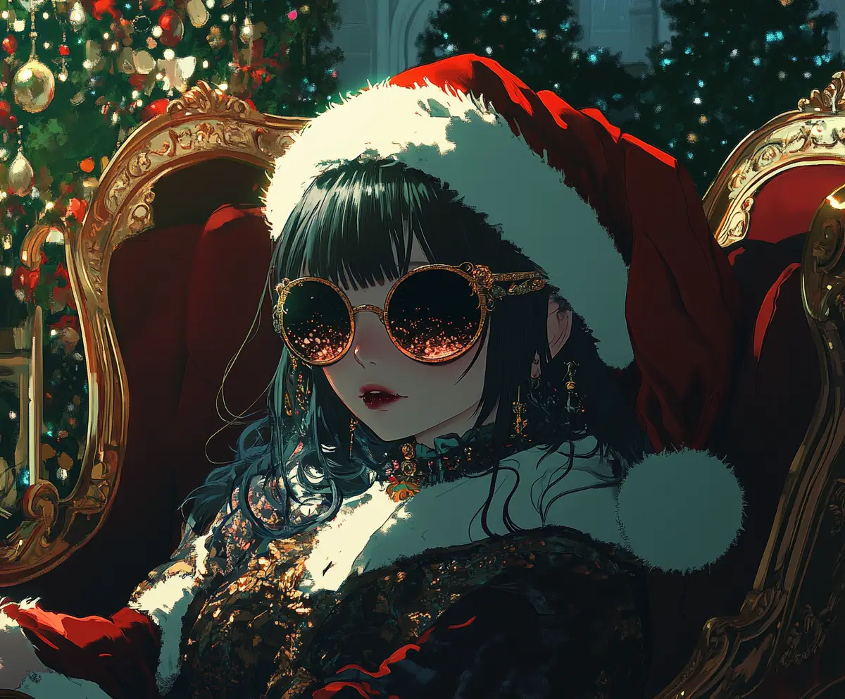 Ragazza goth in stile anime versione Babbo Natale seduta su una slitta decorata