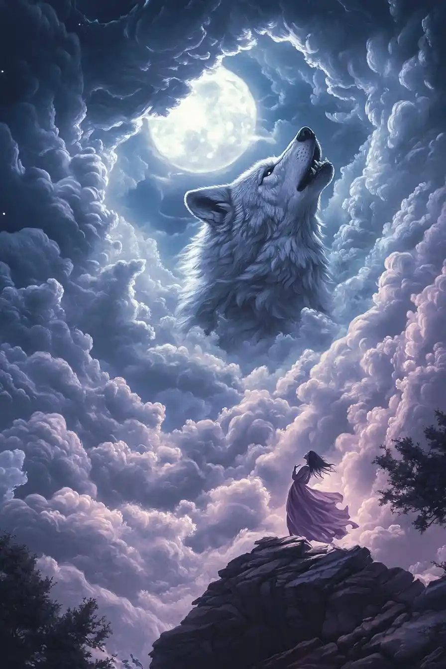 暴風月夜之下的巨大神狼雲與孤獨女子