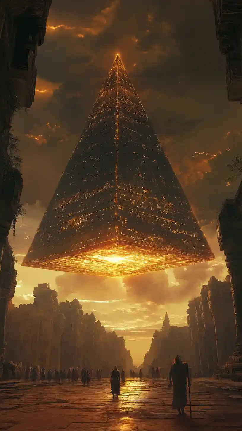 Sci fi vimana hovering above ancient Angkor Wat temple
