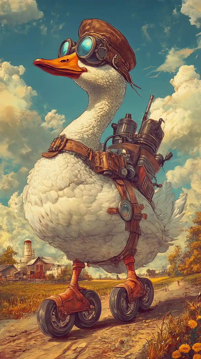 Steampunk goose skating through a rustic farm scene