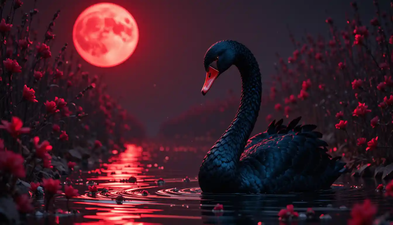 Black swan under a red moon on dark rippling water