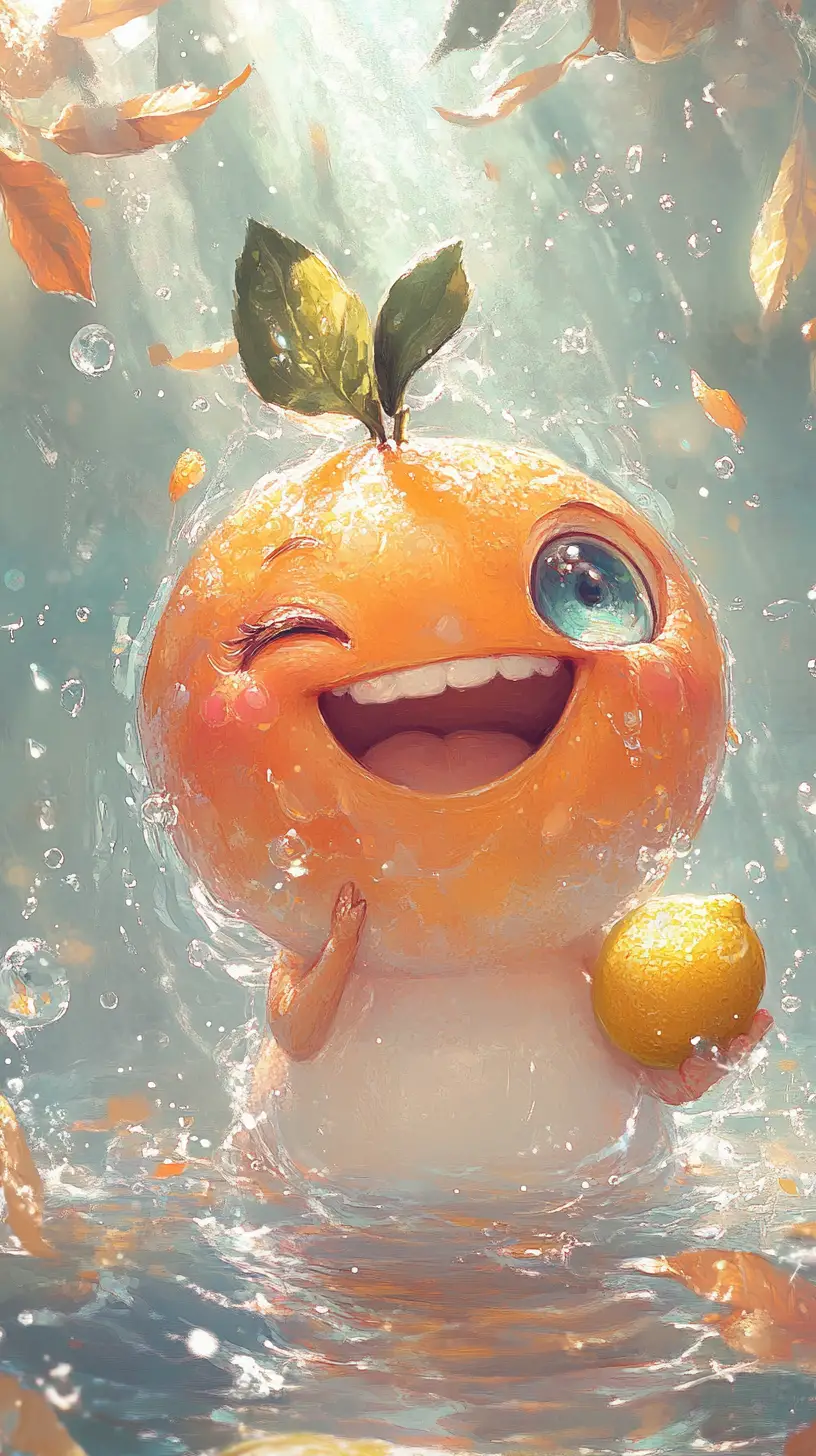Laughing Orange Holding Lemon In Sparkling Pastel Water