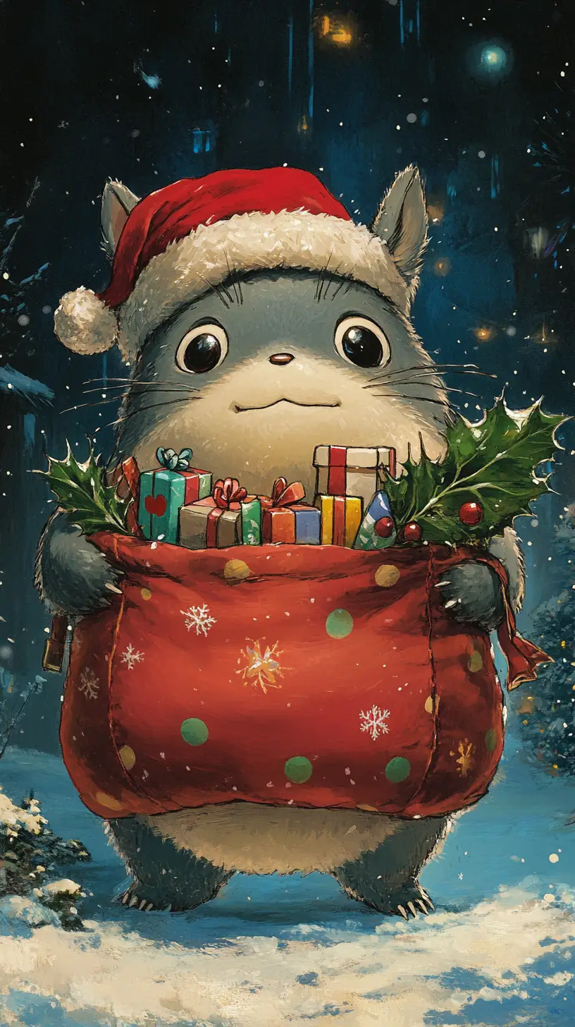 Niedliche Cartoon-Kreatur in verschneiter Weihnachtslandschaft