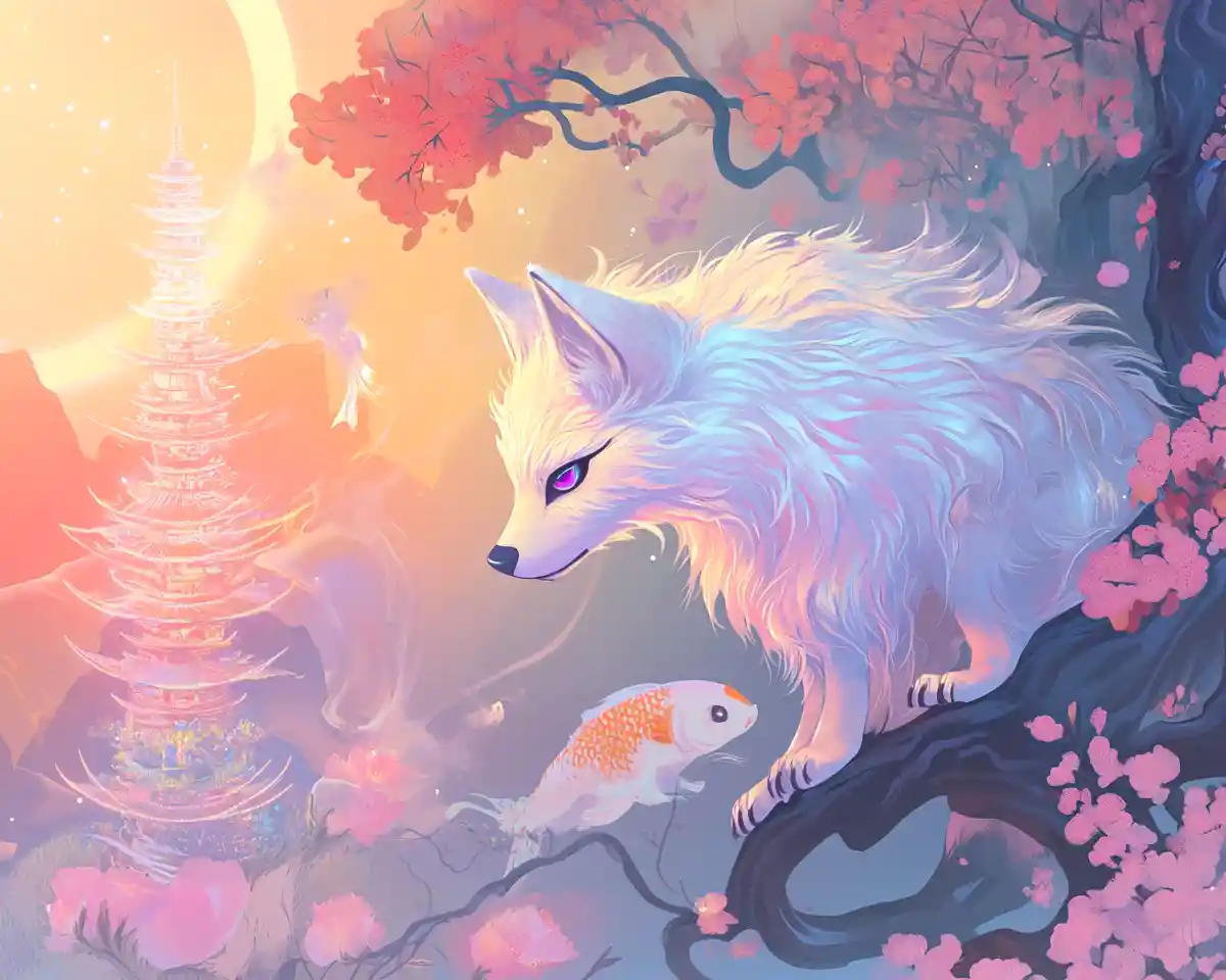 Wildwolf im Mini-Format auf leuchtendem Kirschblütenzweig