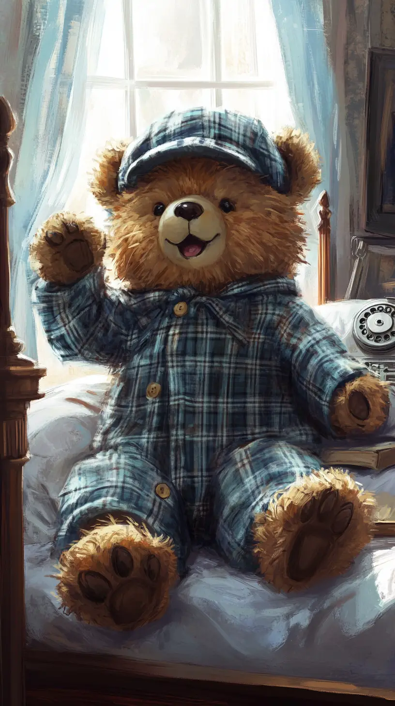 Osito de peluche acogedor con pijama de cuadros en la cama antes de dormir