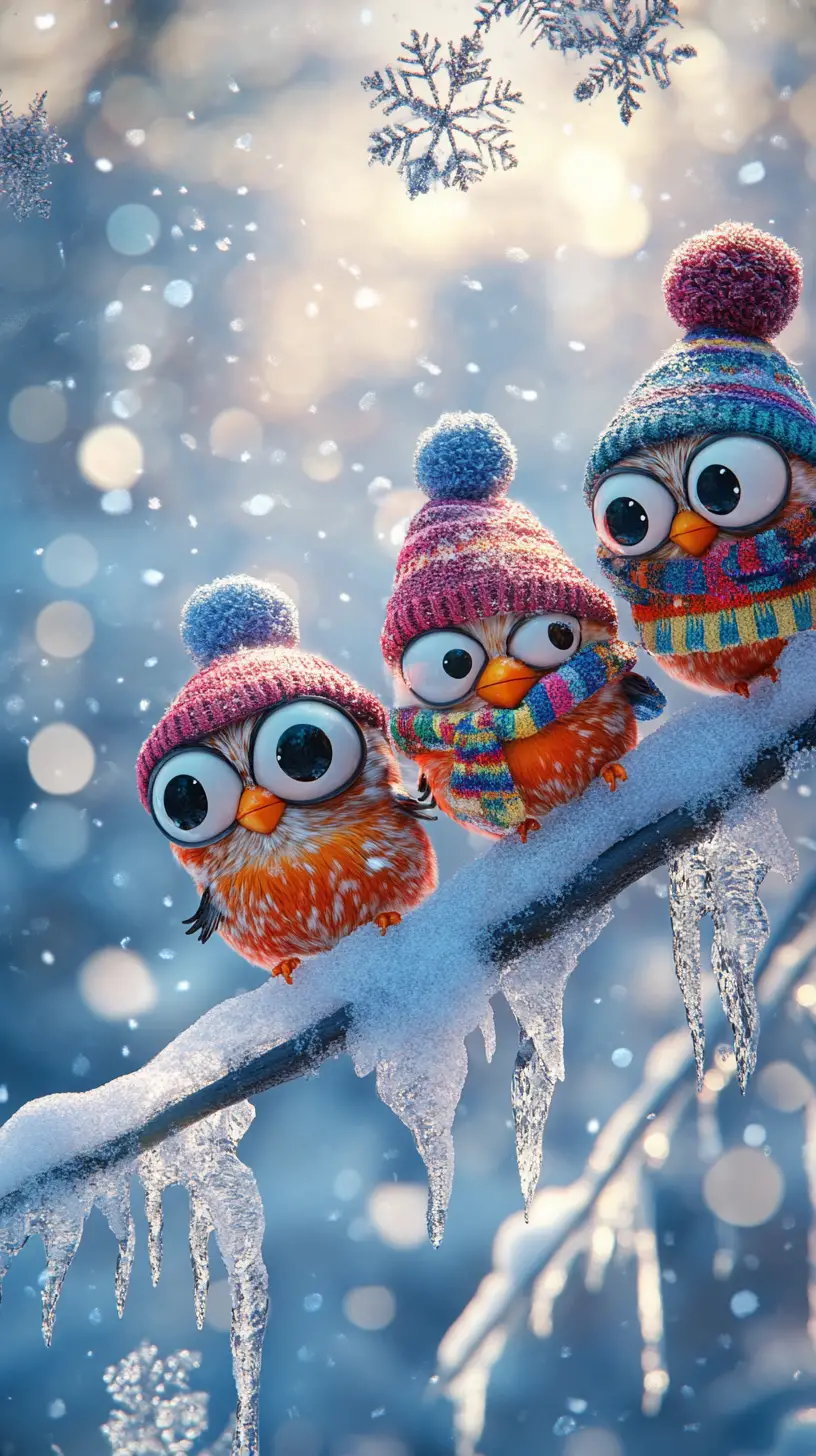 Uccellini Invernali Cartoon su Ramo Nevoso in Illustrazione 3D