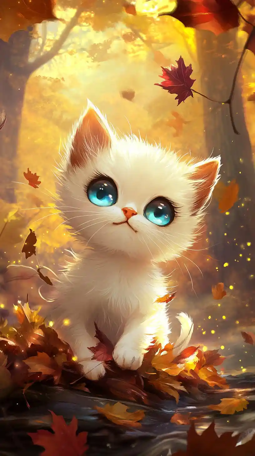 Gattino siamese chibi che gioca tra magiche foglie autunnali