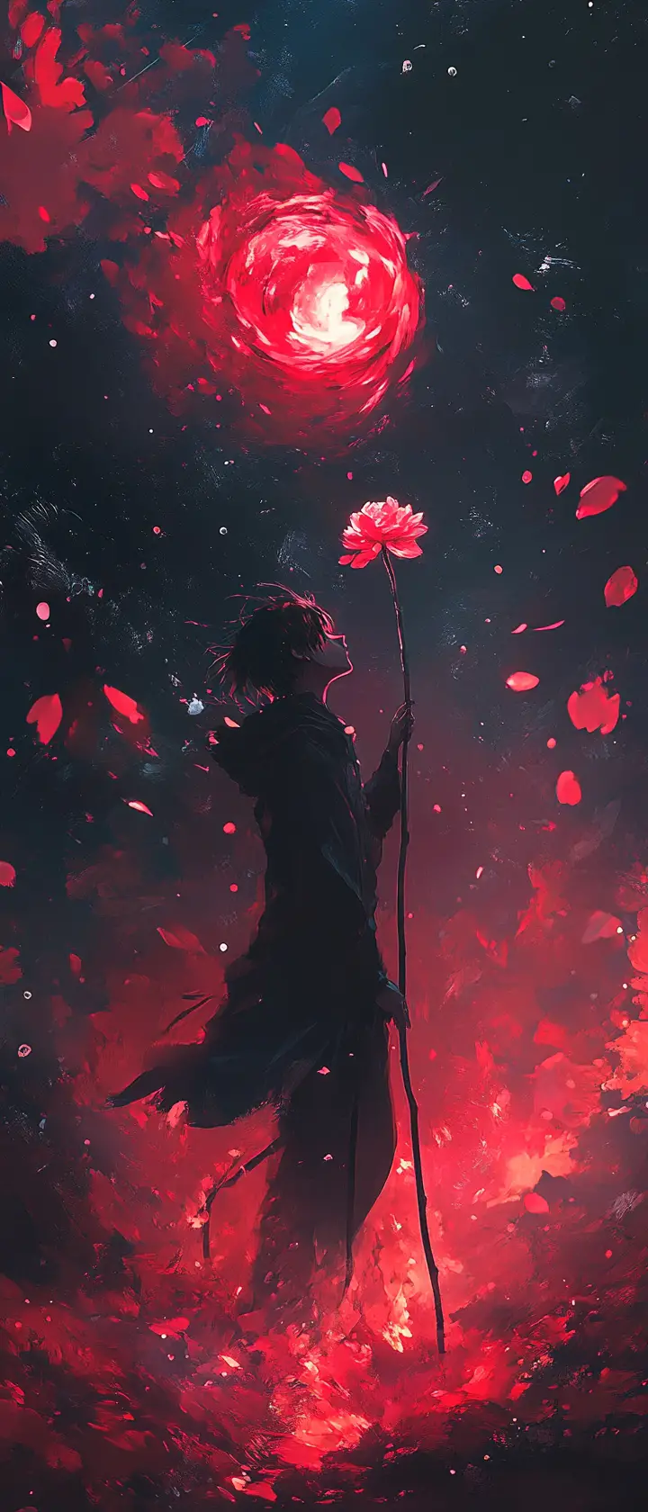 Anime-Mädchen mit Blume, das sich in leuchtende Asche auflöst