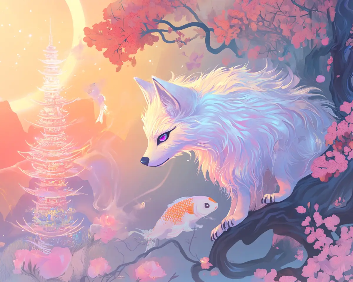 Petit loup féroce sur une branche de cerisier lumineuse