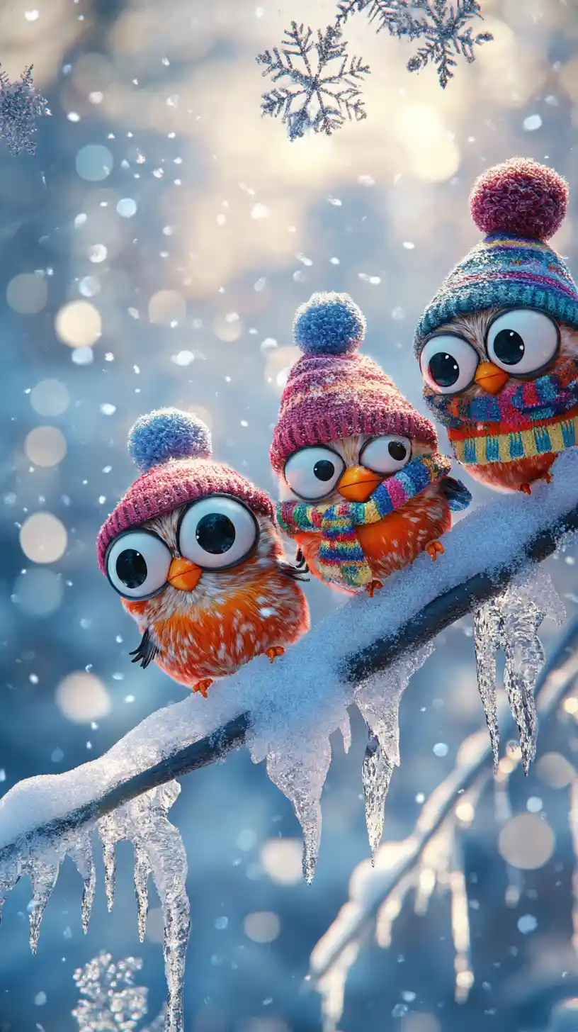 Uccellini Invernali Cartoon su Ramo Nevoso in Illustrazione 3D