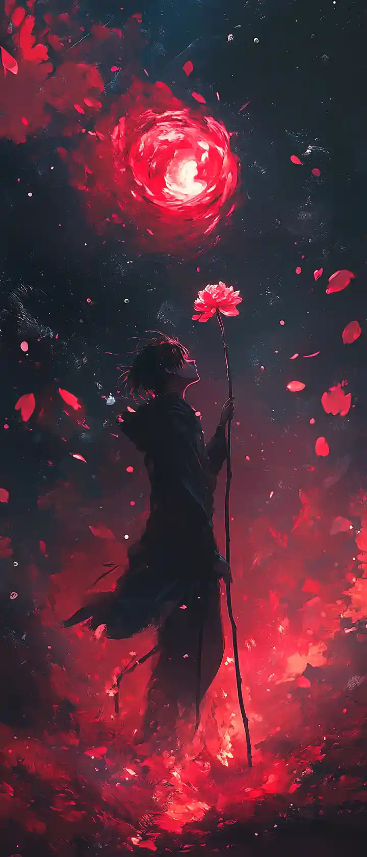 Ragazza anime con un fiore che si dissolve in cenere luminosa