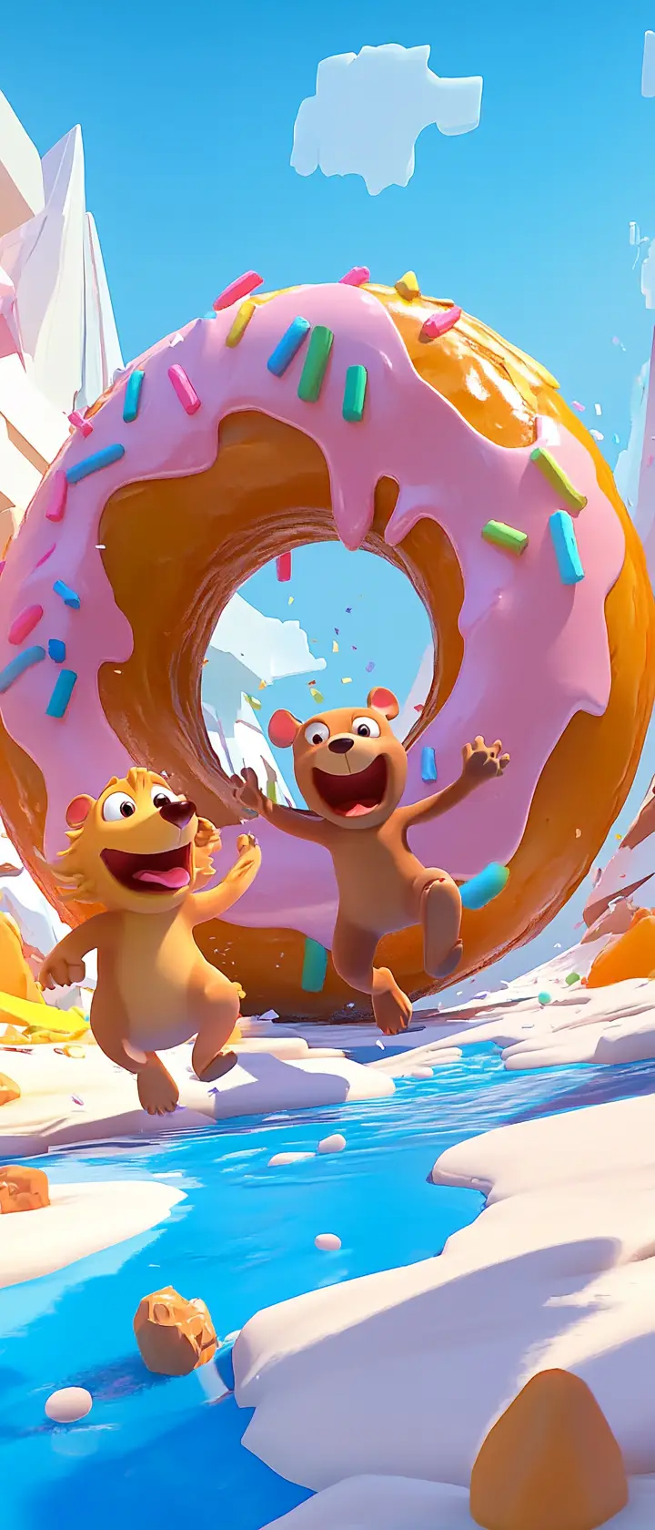 Goofy animal duo fleeing a giant rolling donut
